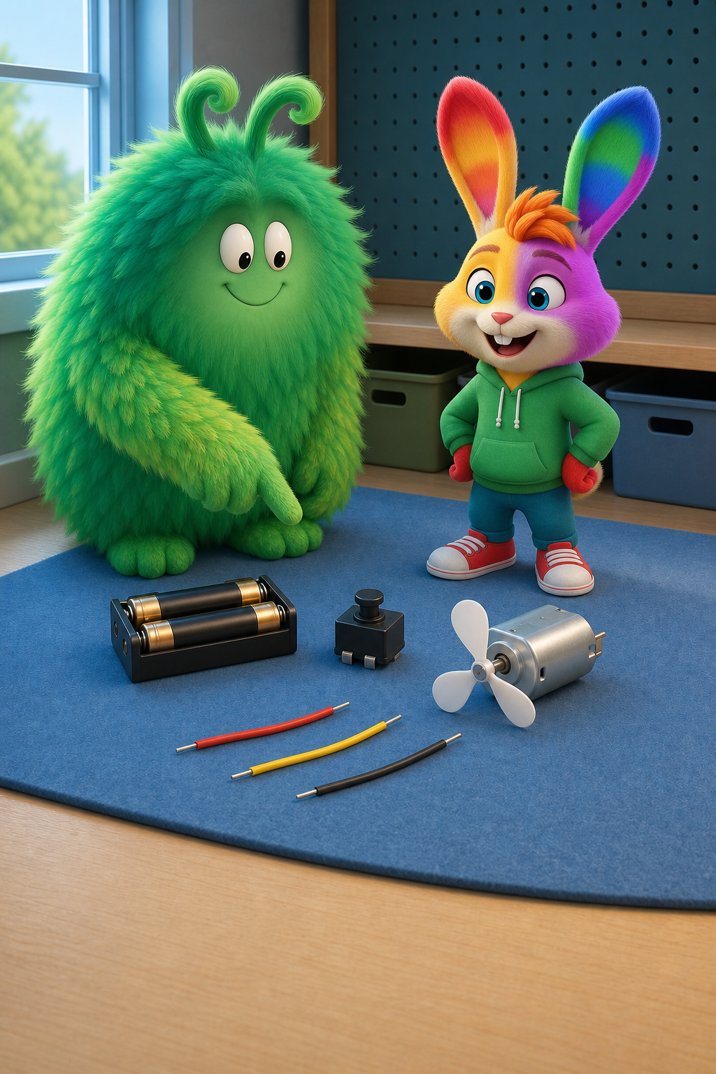 Vern points carefully from the battery toward the switch and motor while Flicker listens.