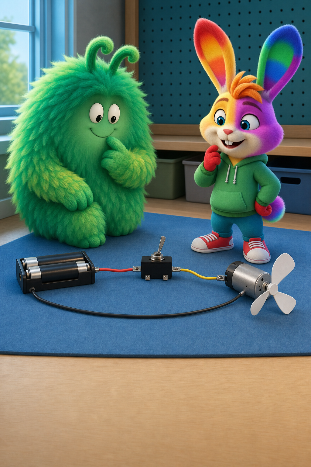 A low-voltage motor circuit is laid out with one clear gap at the open switch and the motor fan still.