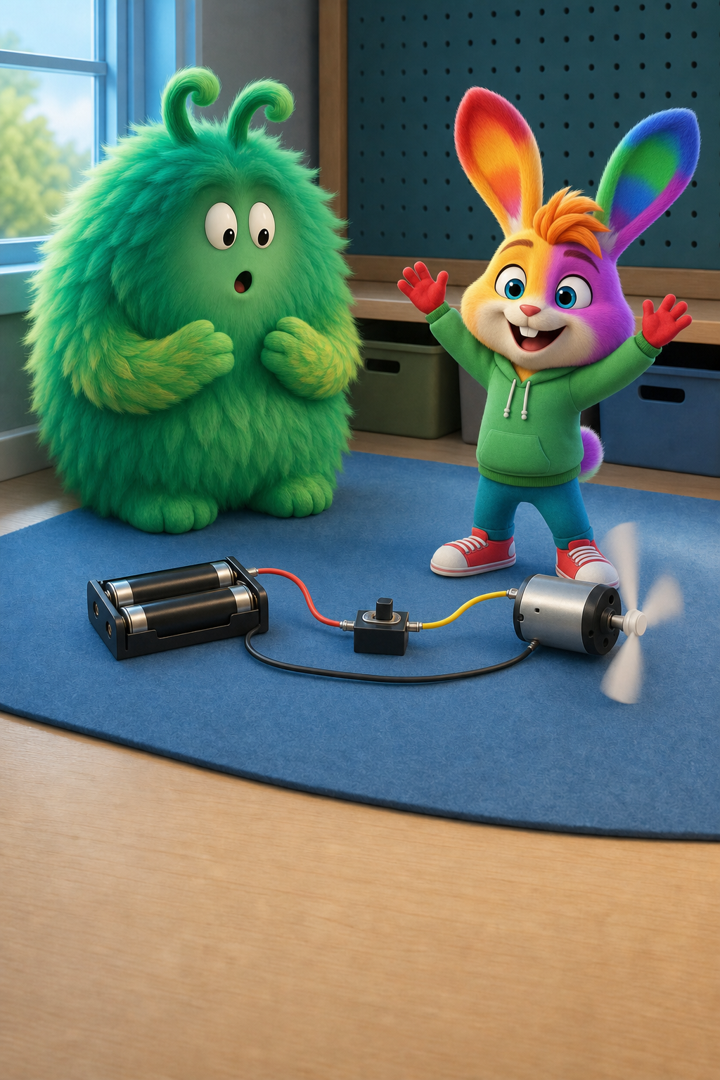 The switch blade touches both terminals in a complete low-voltage circuit while the small motor fan turns.