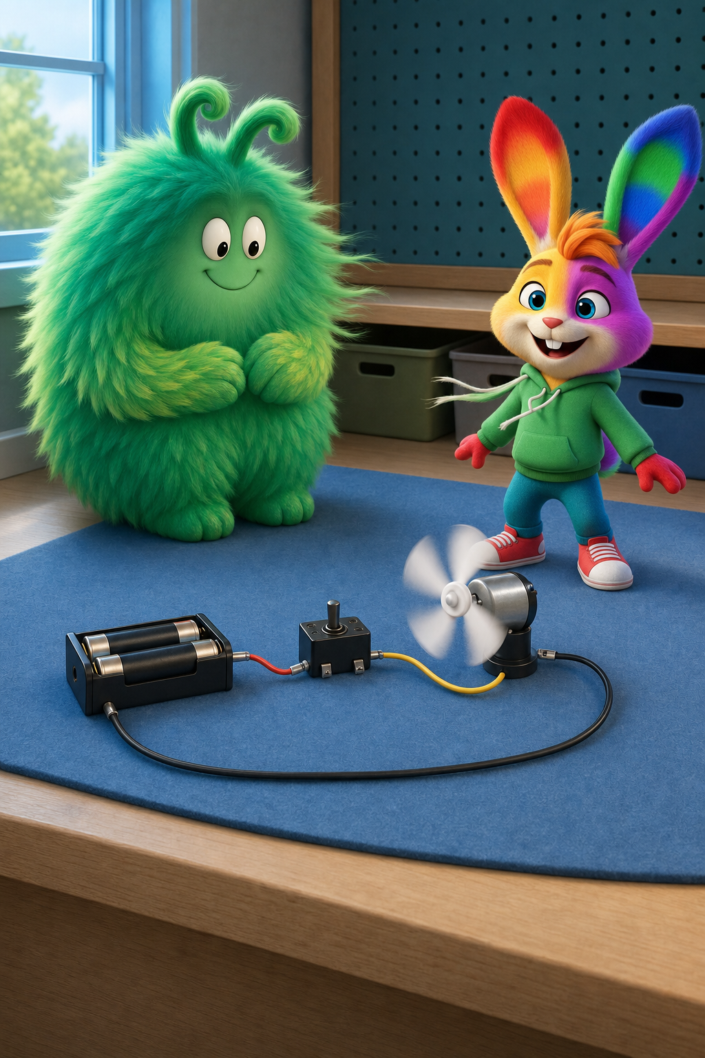 The connected motor fan moves a small breeze that lifts the edges of Vern's fur while Flicker watches safely from the side.