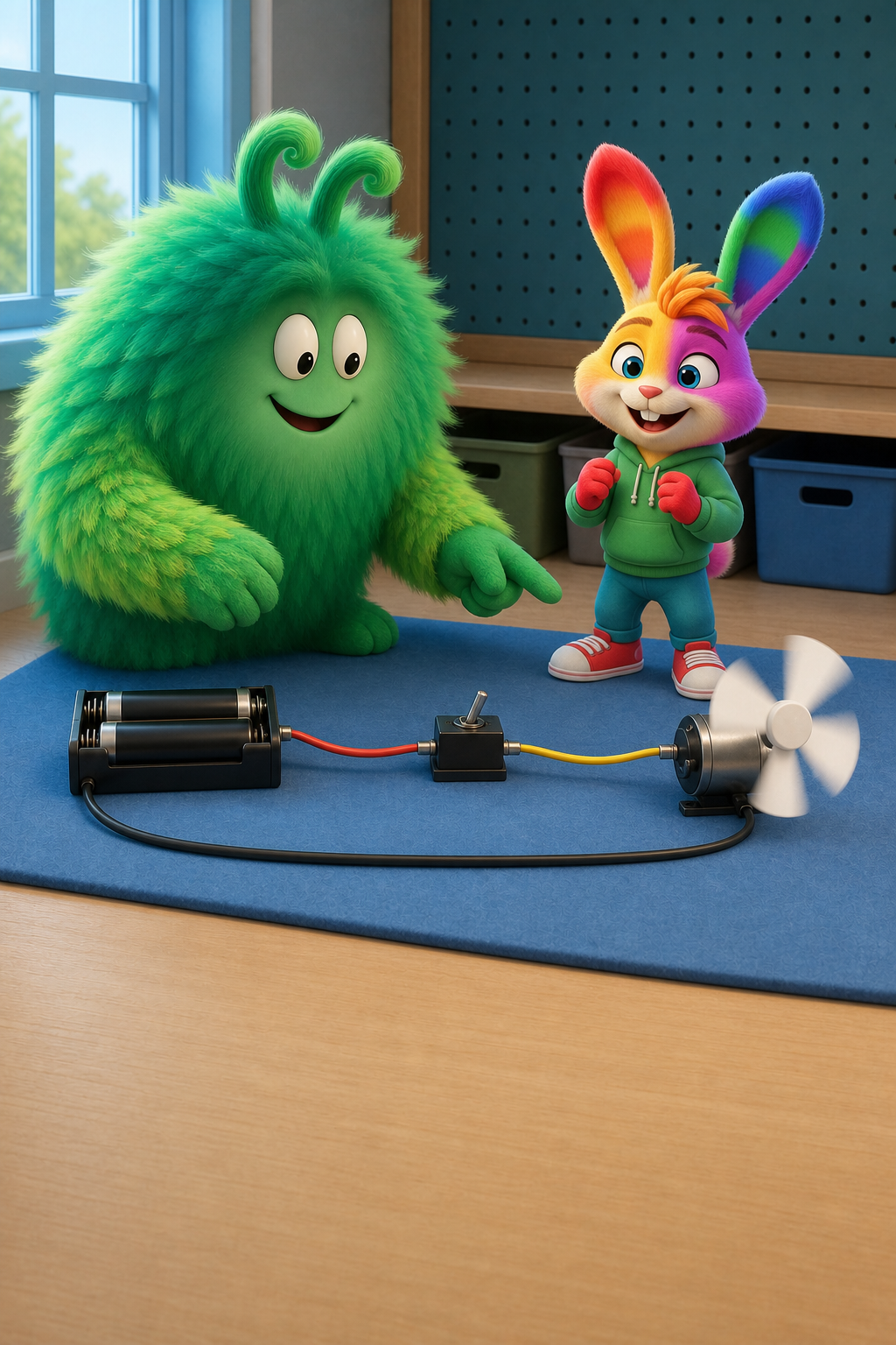 Vern gestures from the battery through the connected wires toward the turning motor while Flicker encourages him.