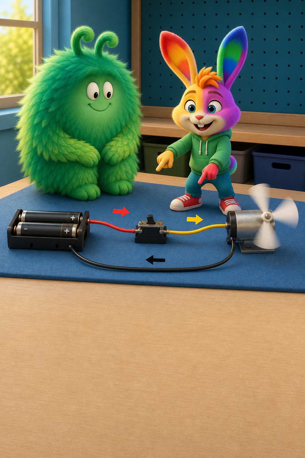 Flicker traces the physical path from the battery through the connected wires to the turning motor without touching the fan.