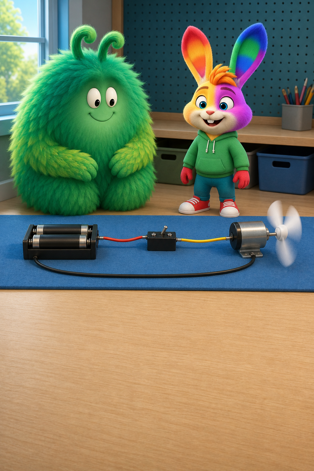 Vern and Flicker observe a safe battery-powered hobby motor with a paper fan, insulated leads, and a switch on the blue mat.