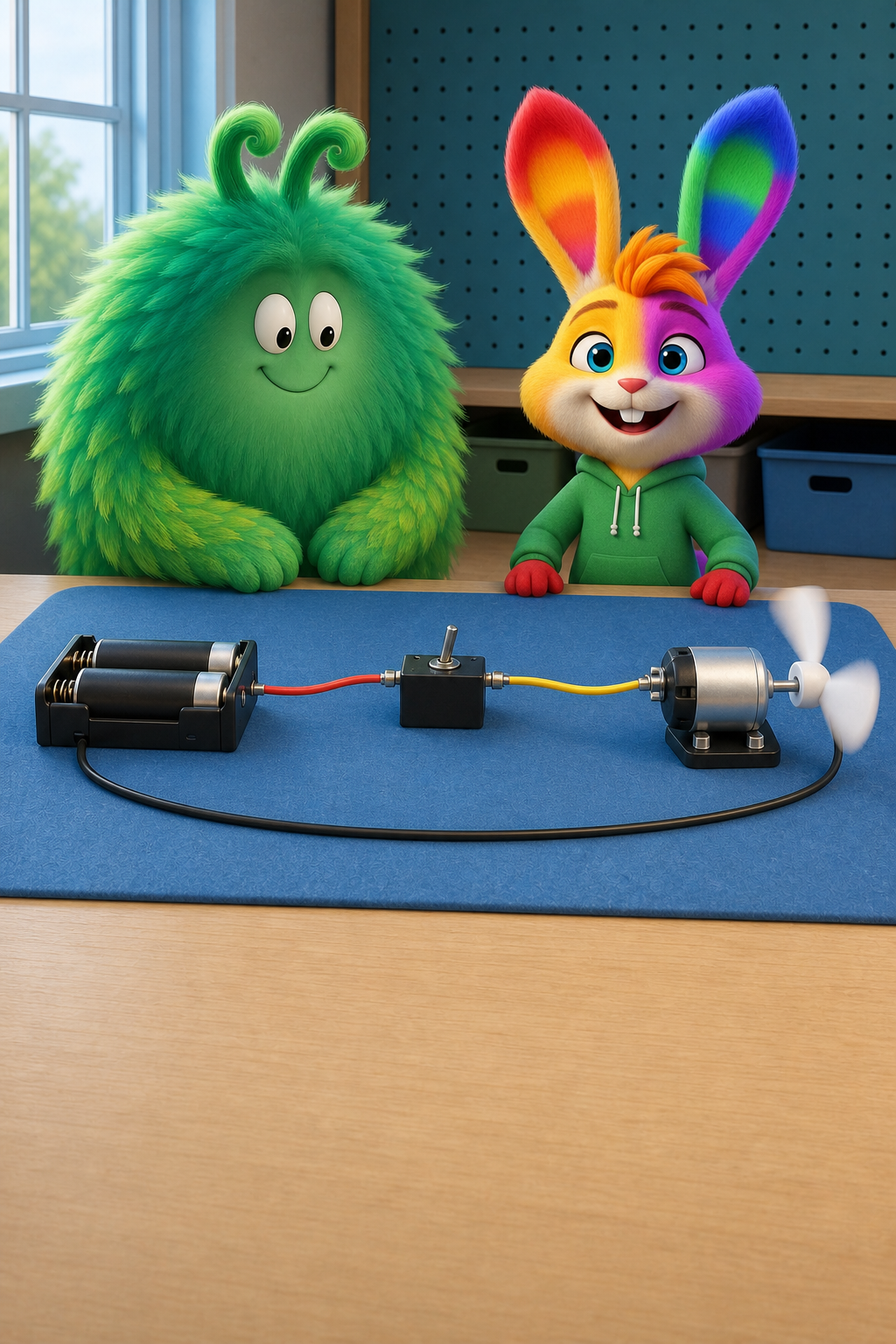 Vern and Flicker smile beside the same tidy complete motor circuit above a clear five-line recap panel.