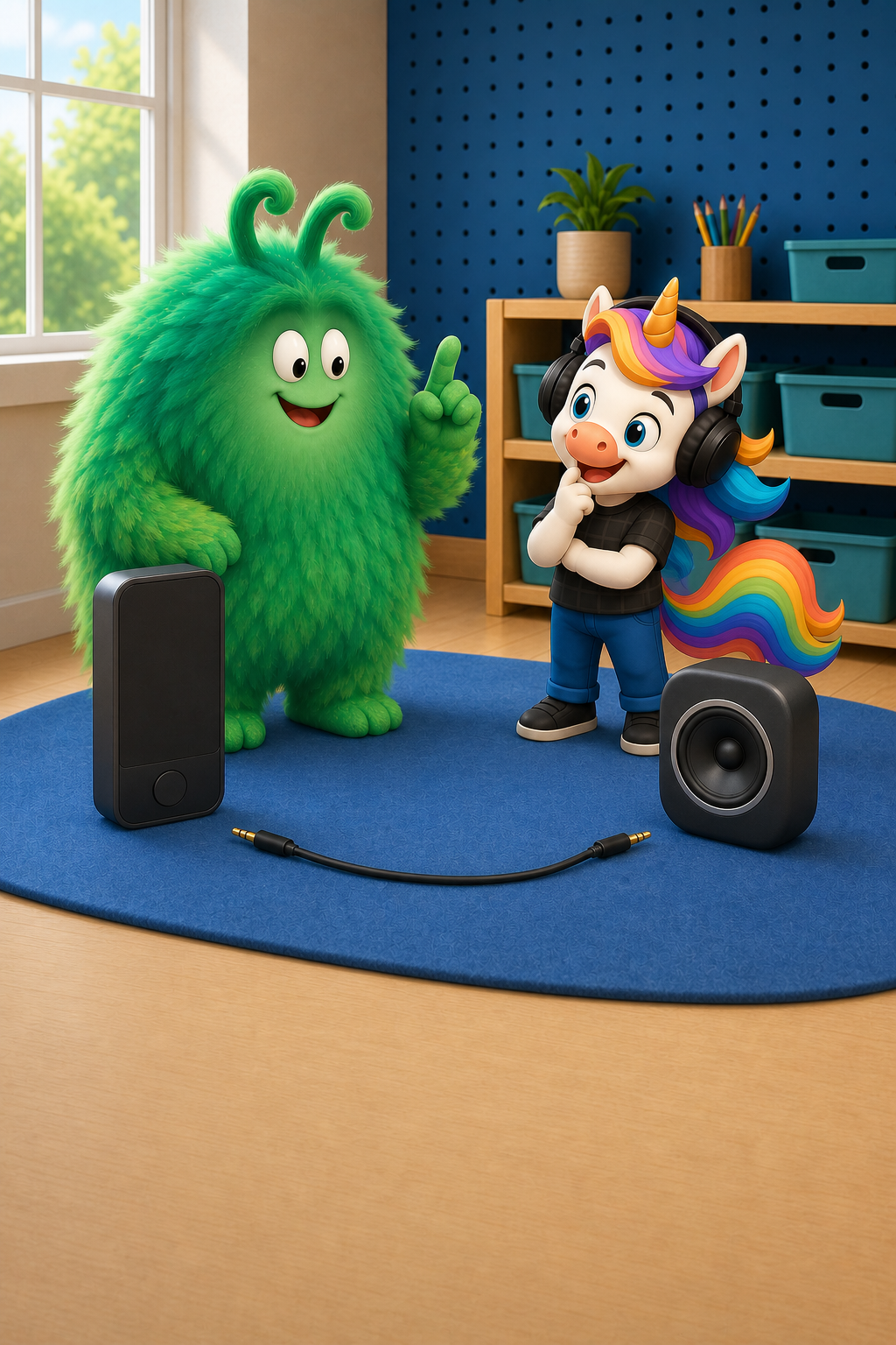 Vern points at the loose audio cable while fanciful bubbles show his tiny beat bubbles idea