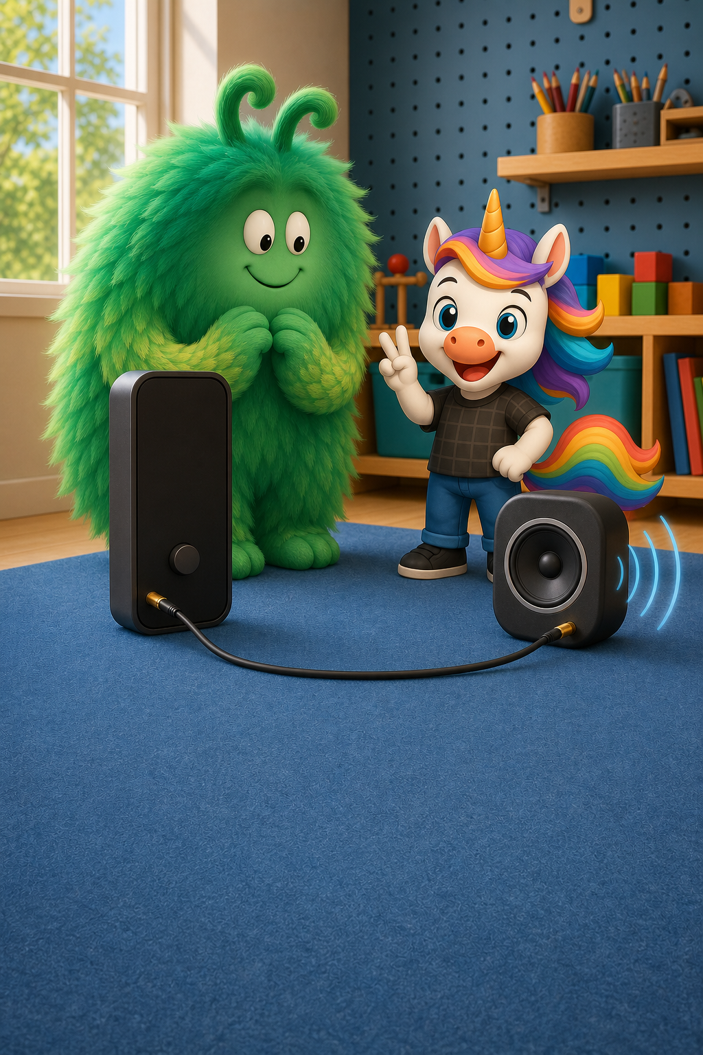 DJ Unicorn connects one continuous audio cable from the music player to the active speaker while Vern watches