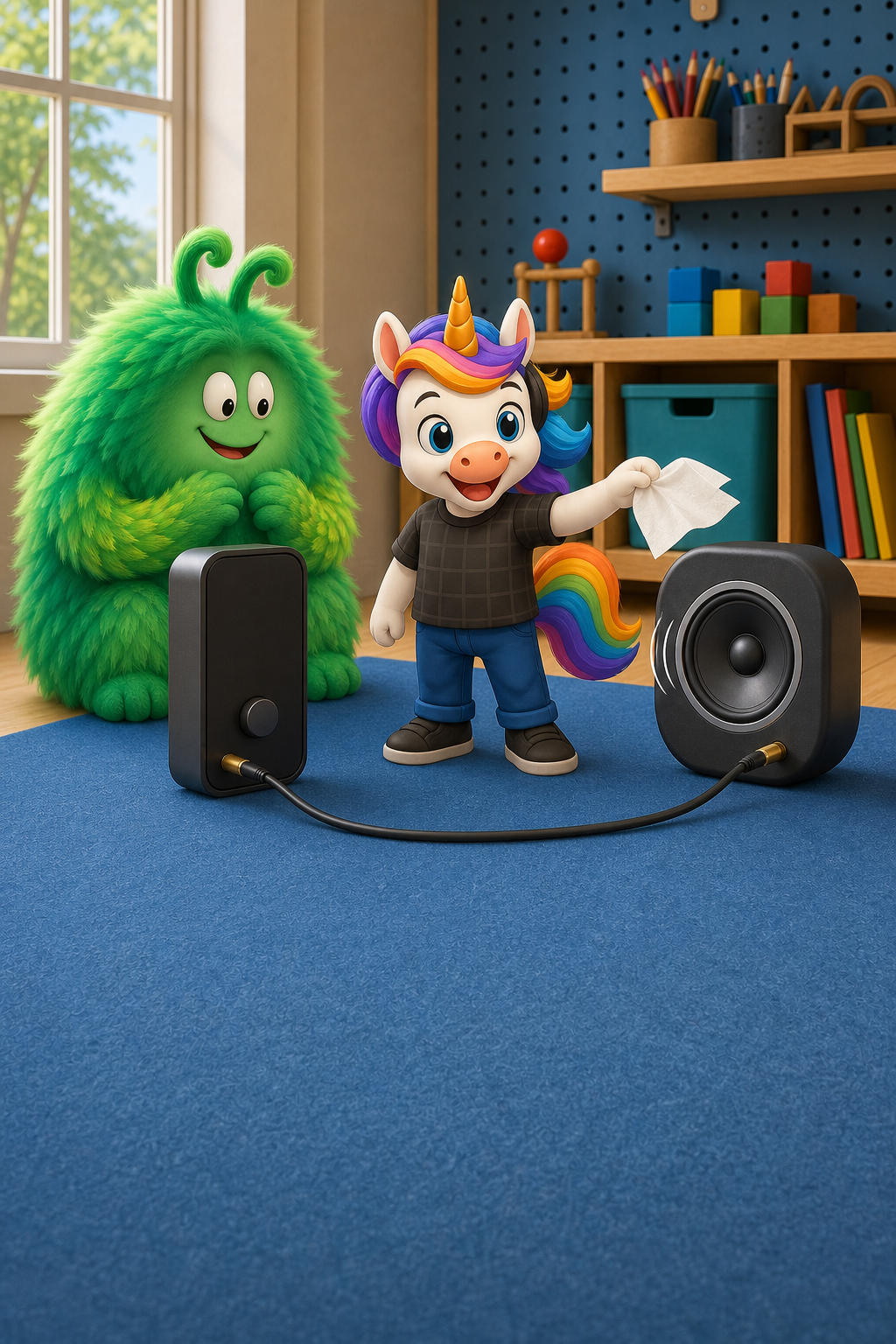 Vern watches a speaker cone move while a small paper strip flutters a short distance in front of it