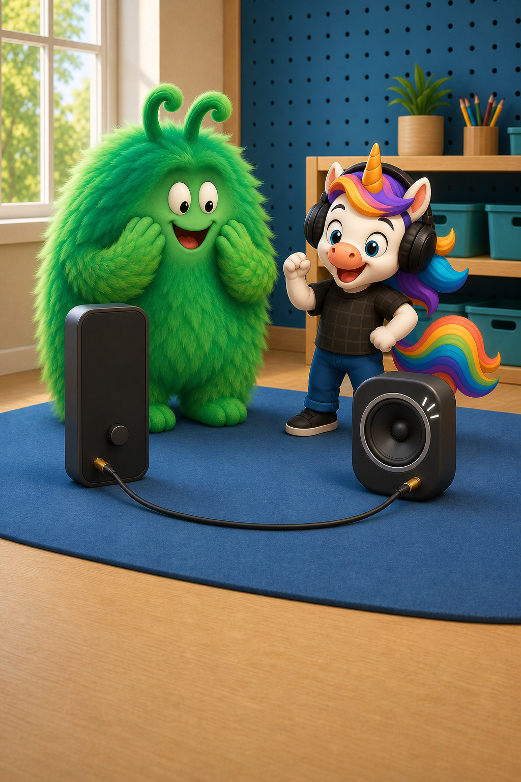 Vern looks surprised beside the connected cable and moving speaker while a paper strip flutters