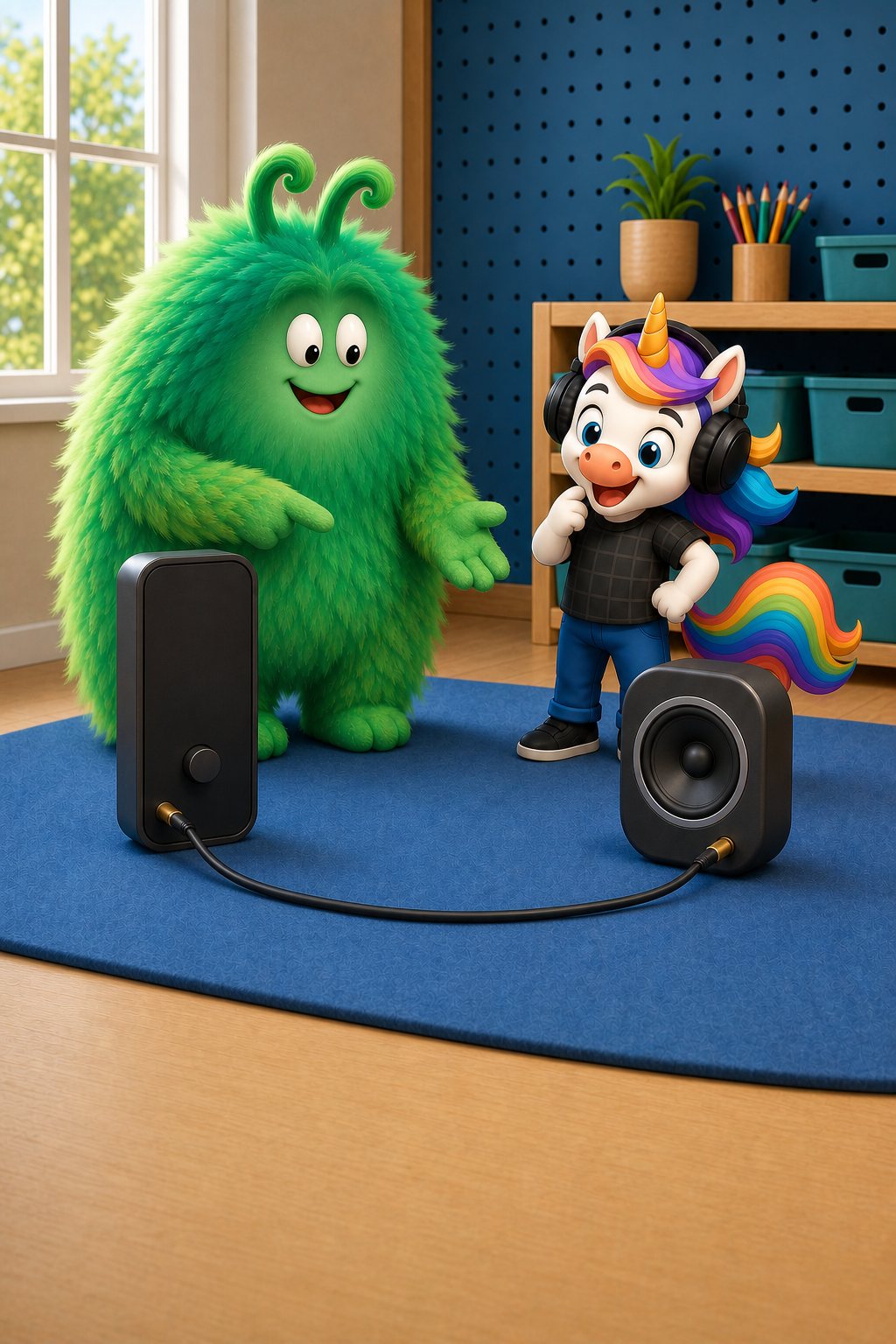 Vern gestures from the music player through the connected cable to the speaker and outward air while DJ Unicorn smiles