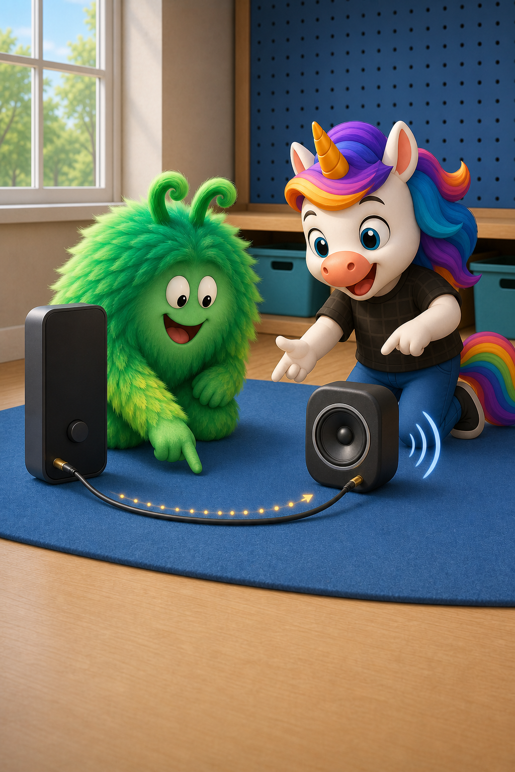 Vern and DJ Unicorn arrange the same music player, one audio cable, and one speaker in a clear left-to-right chain
