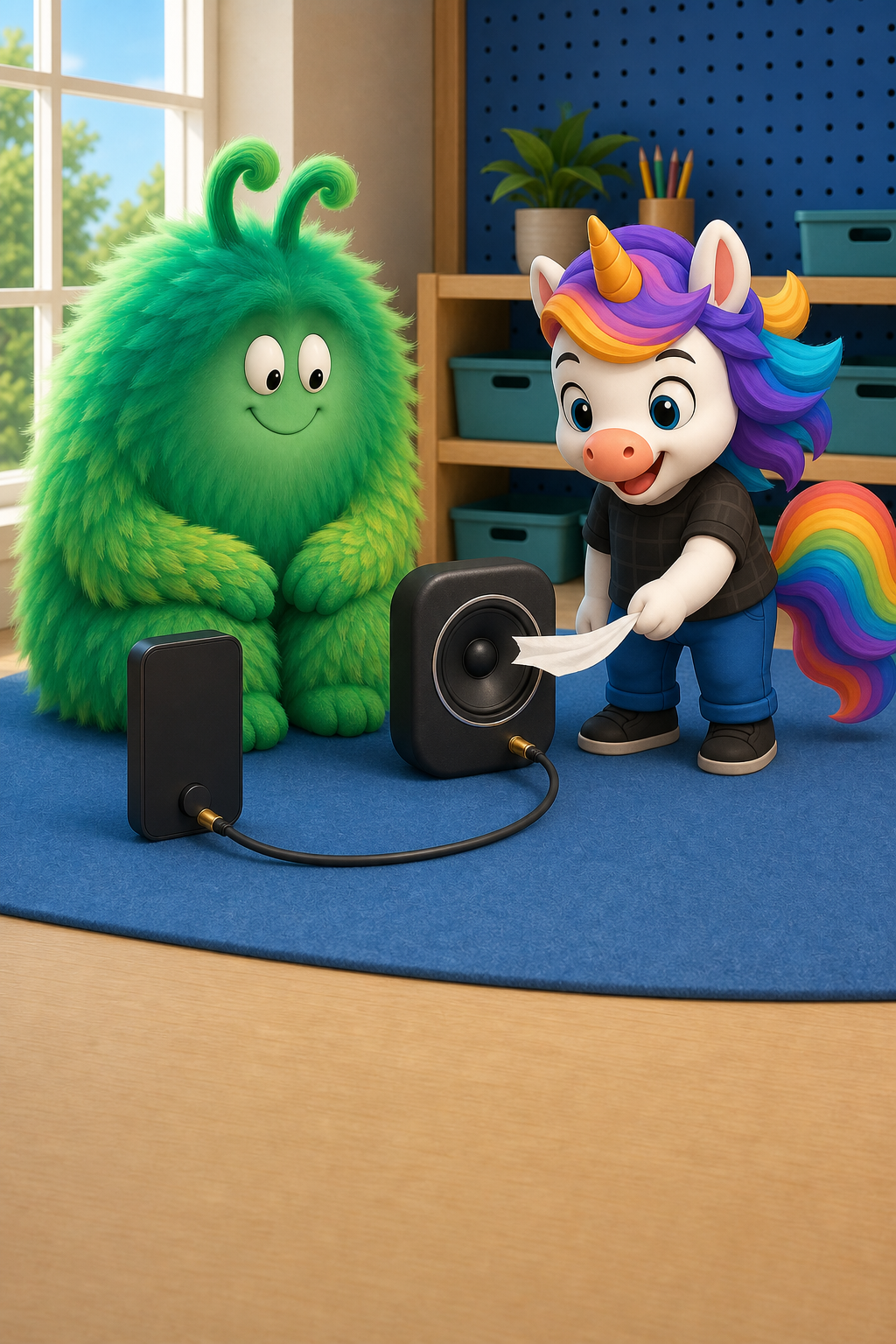 Vern and DJ Unicorn observe a tissue strip fluttering in front of a low-volume battery-powered speaker
