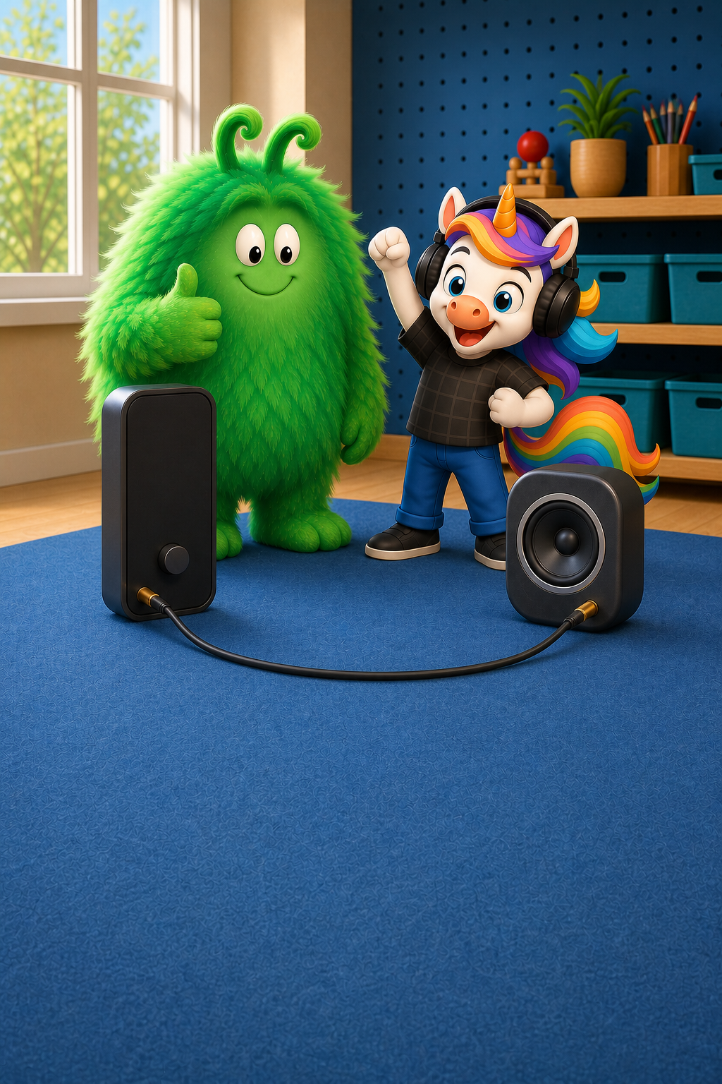 Vern and DJ Unicorn smile beside the tidy sound-lab setup with the music player, cable, and speaker