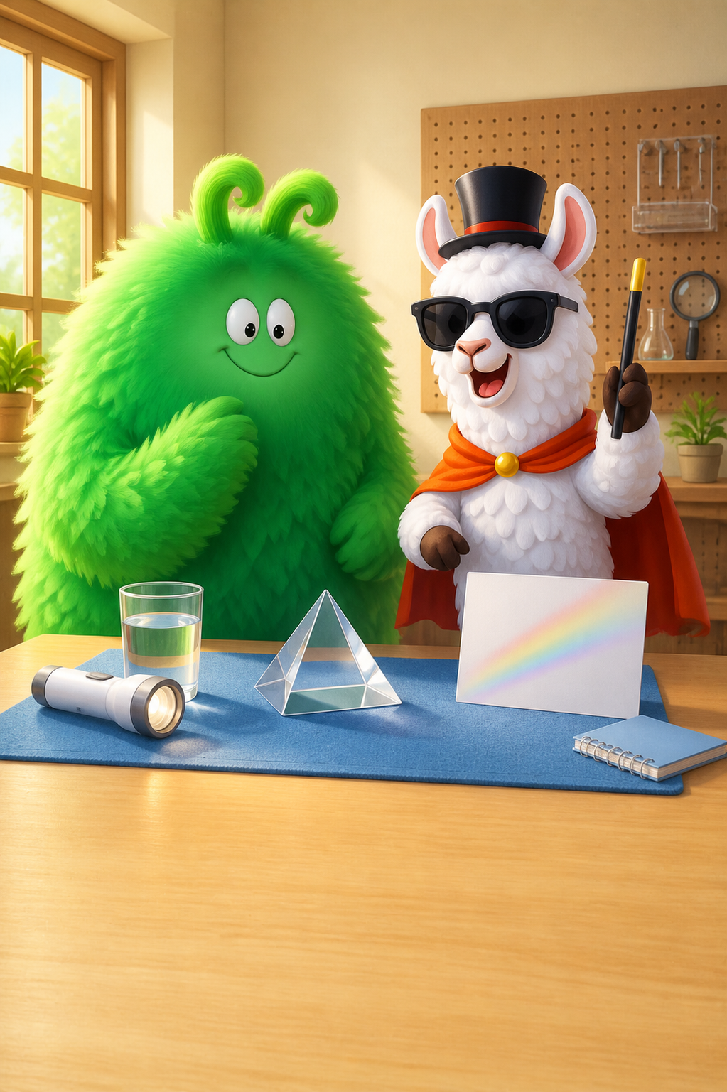 Vern and Magician Llama stand beside a prism, flashlight, water glass, and white card in the Wonder Lab