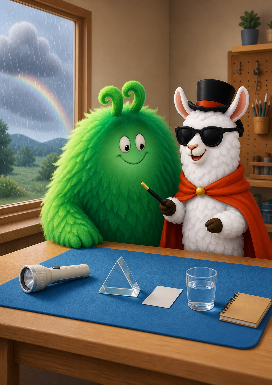 Vern and Magician Llama watch a rainbow fade outside the Wonder Lab window as a cloud covers the Sun