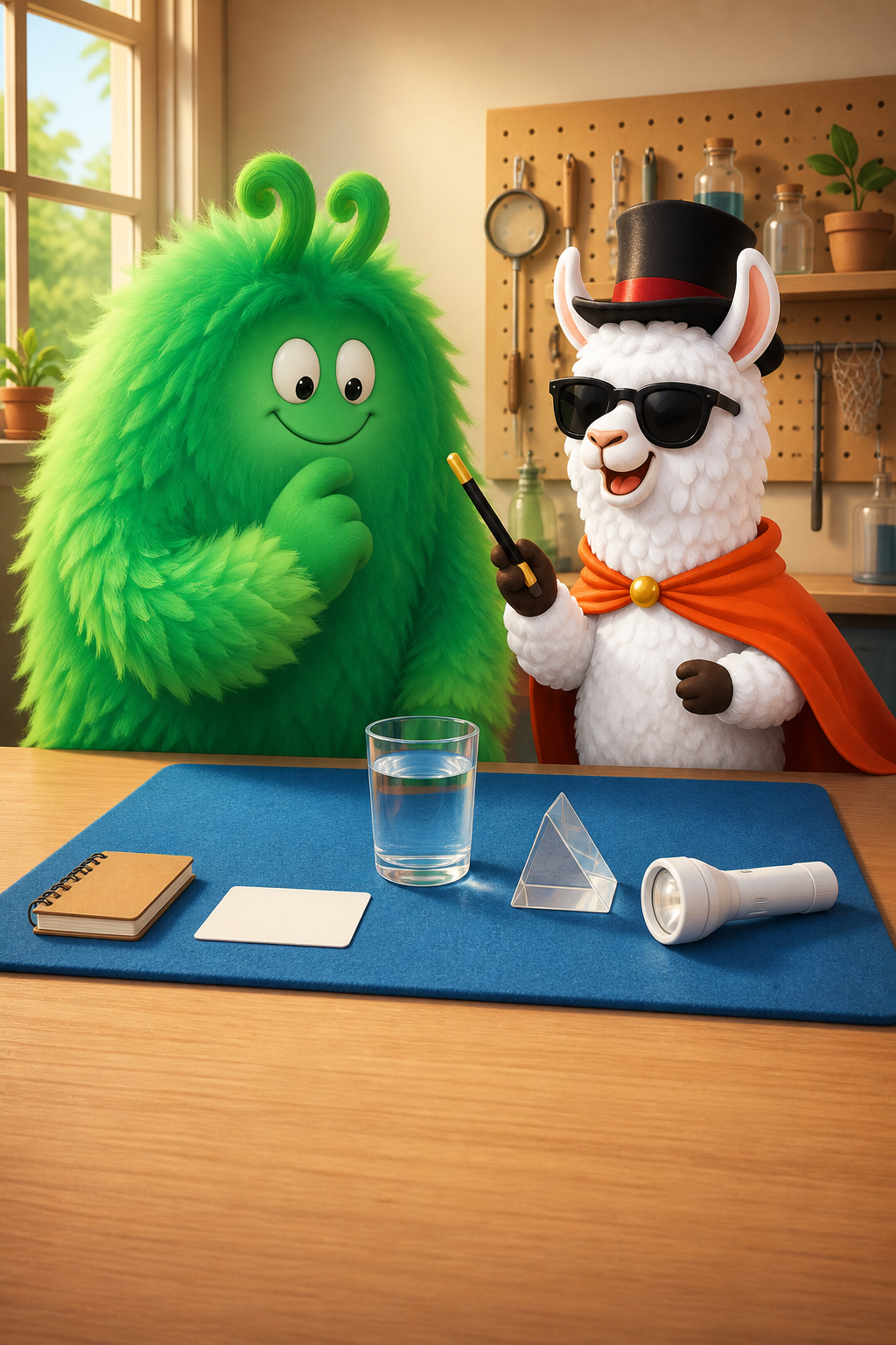 Vern points from a clear water glass toward a flashlight and blank card while Magician Llama listens