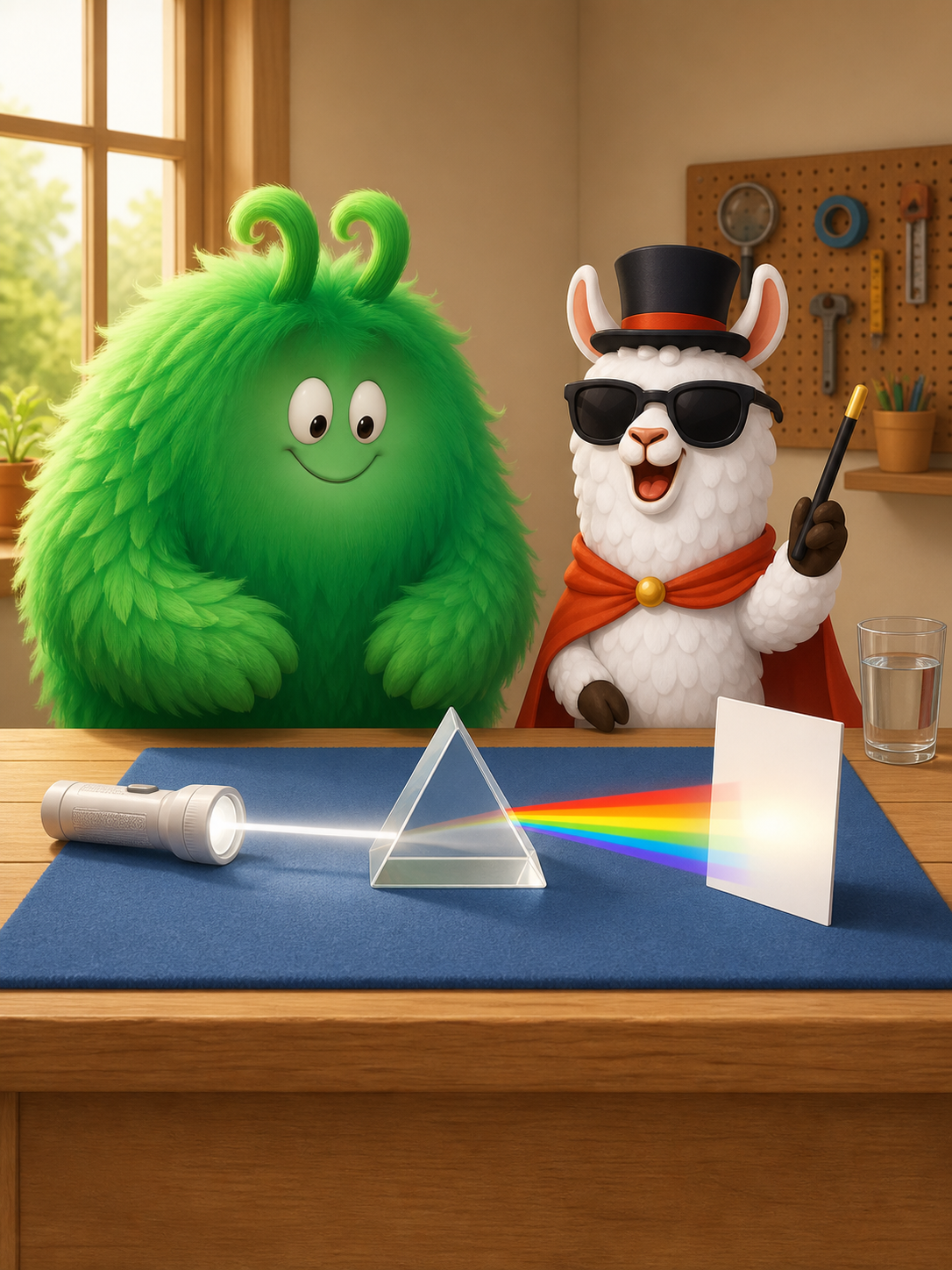 A white flashlight beam passes through a clear triangular prism toward a blank card while Vern and Magician Llama watch