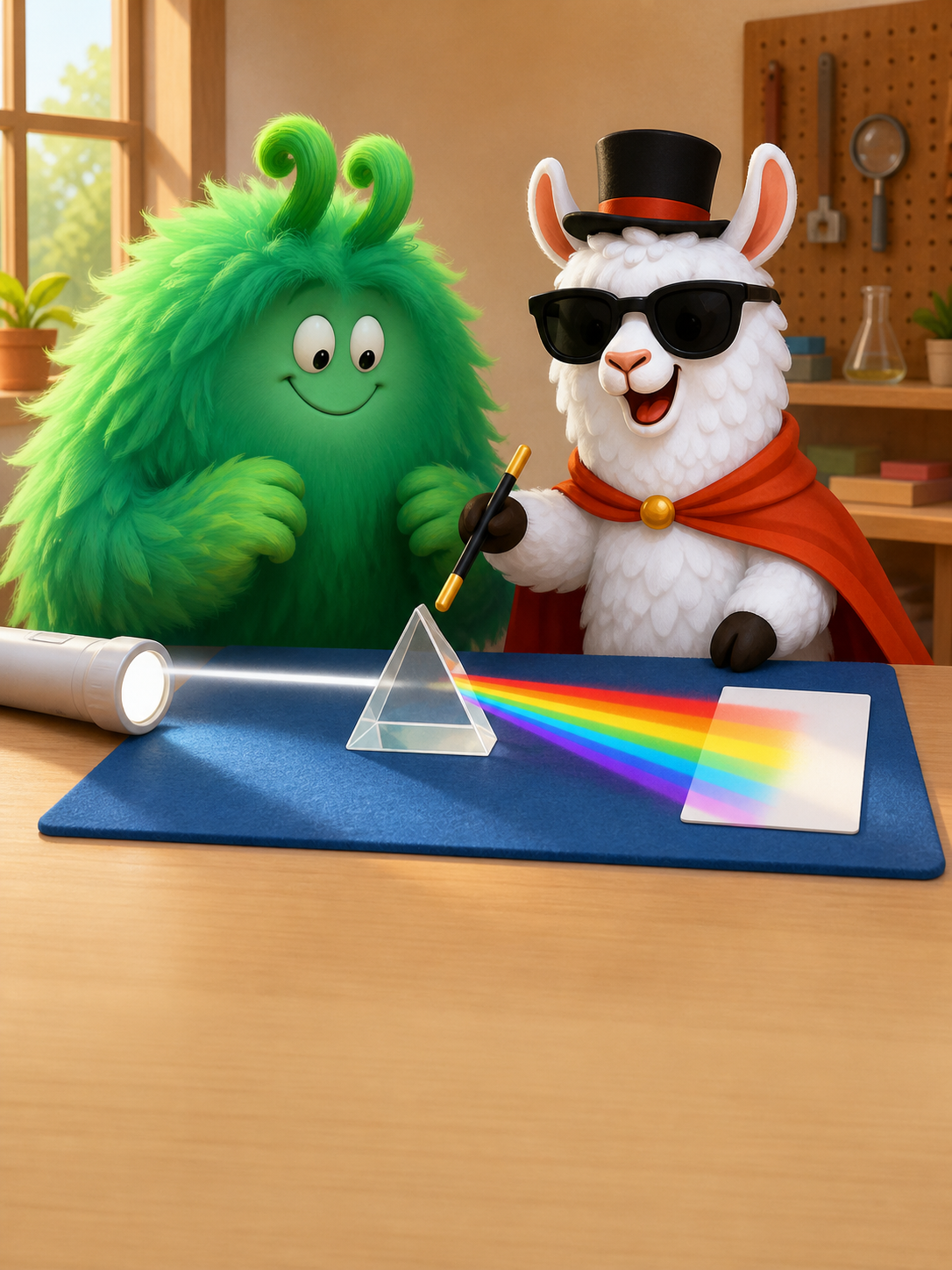 A prism spreads one white flashlight beam into a clean band of rainbow colors on a white card