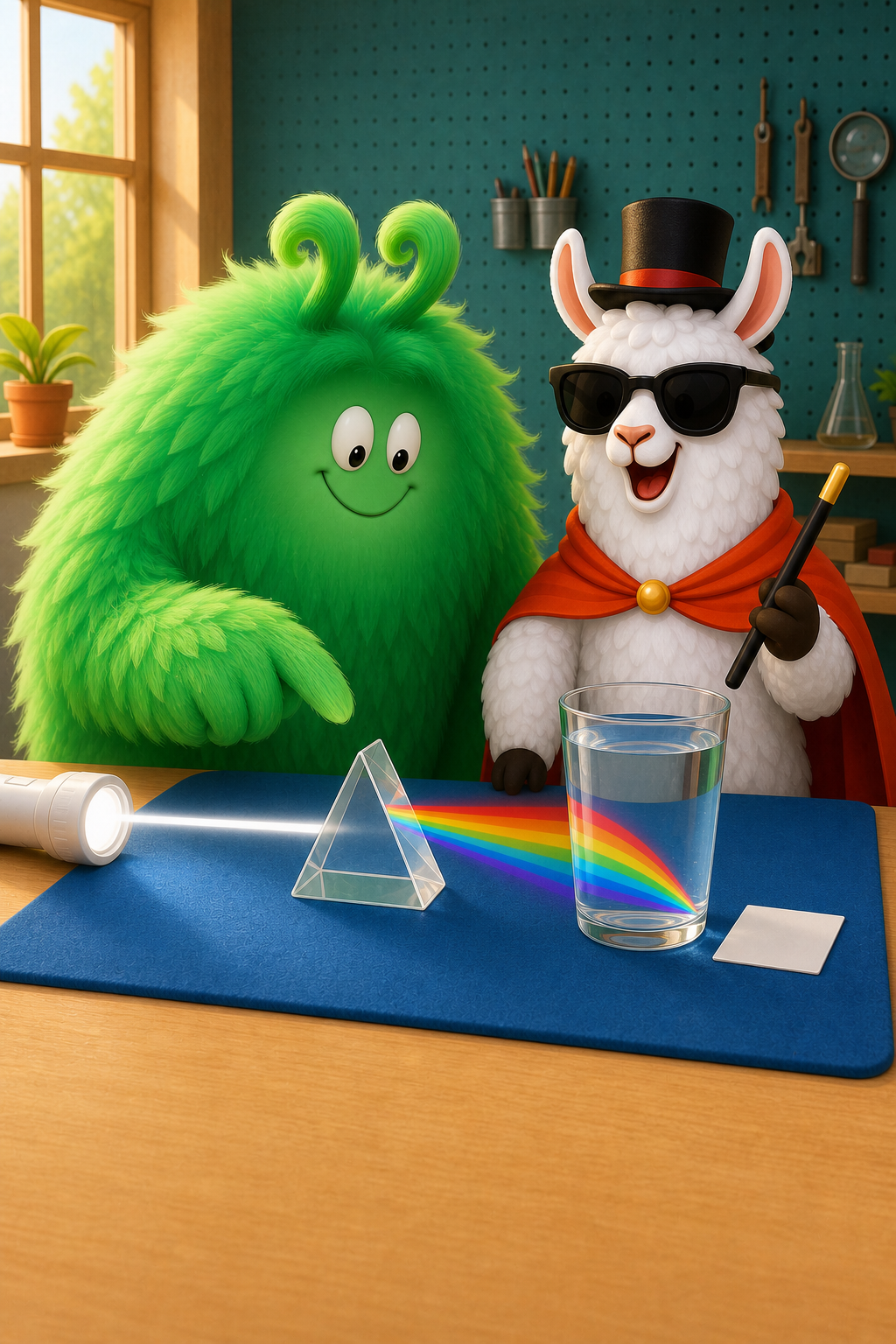 Vern traces a white beam through a prism into separated colors that bend downward through a clear water glass while Magician Llama points toward it