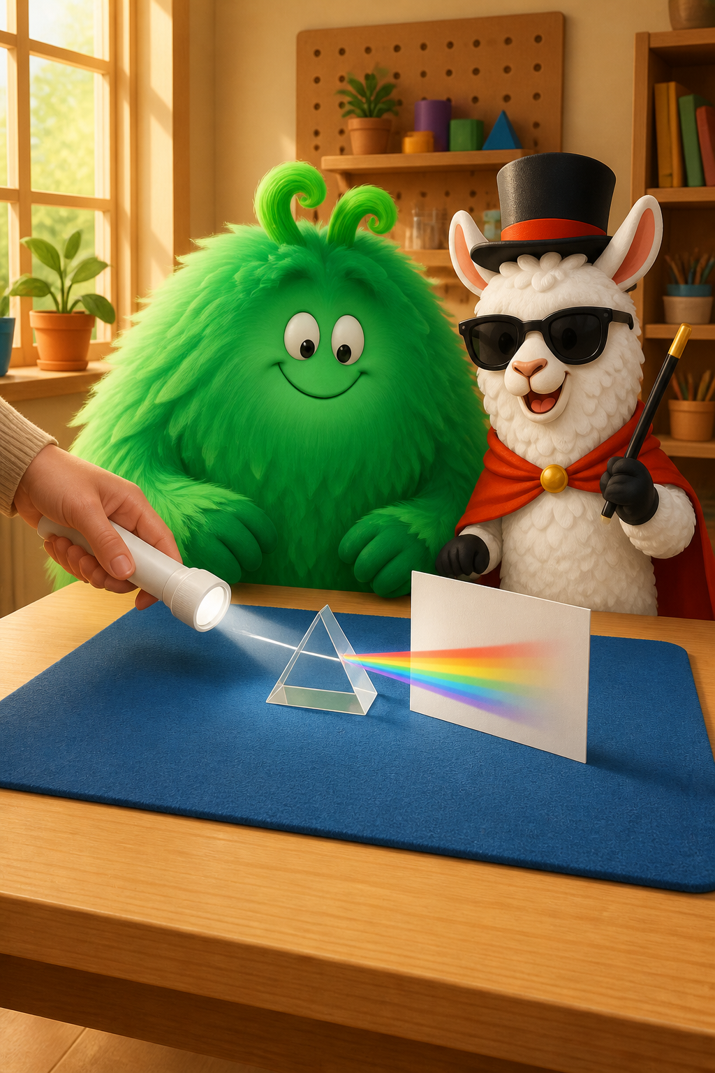 Vern and Magician Llama observe a safe flashlight-and-prism activity with the beam aimed at white paper