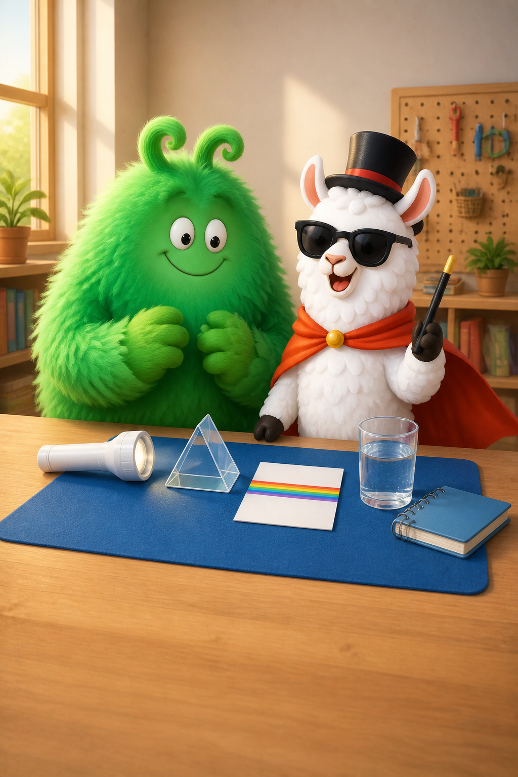Vern and Magician Llama smile beside a prism setup with a rainbow band on a white card