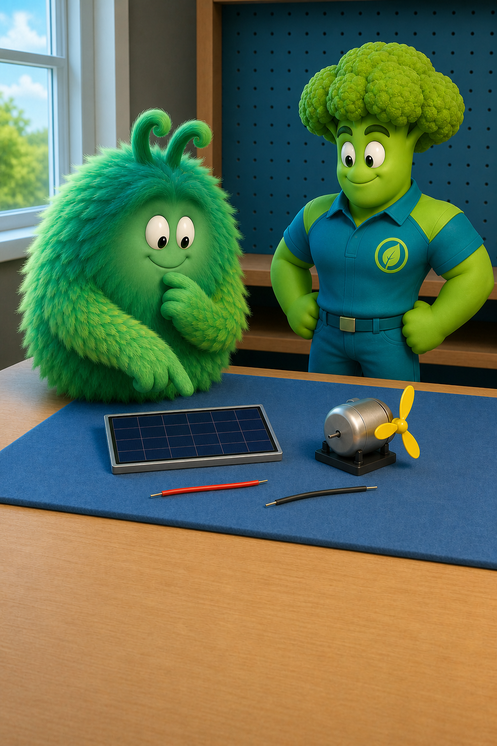 Vern points at a solar panel and motor while Broccoli Man listens to his prediction
