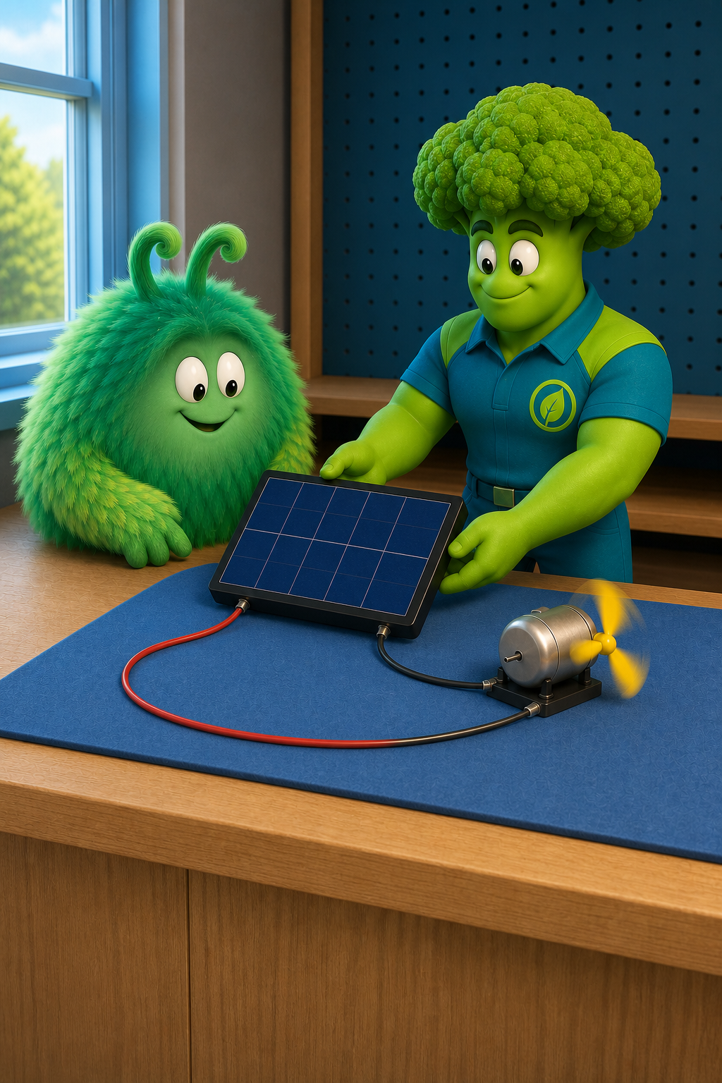 Vern and Broccoli Man connect a solar panel to a tiny motor and face it toward bright window light