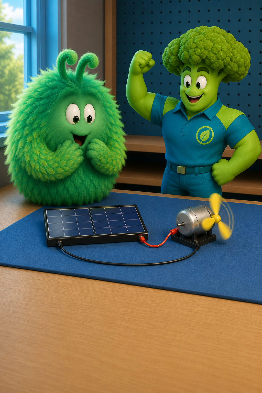 A connected solar panel in bright window light powers a tiny motor with a spinning yellow fan and no battery present