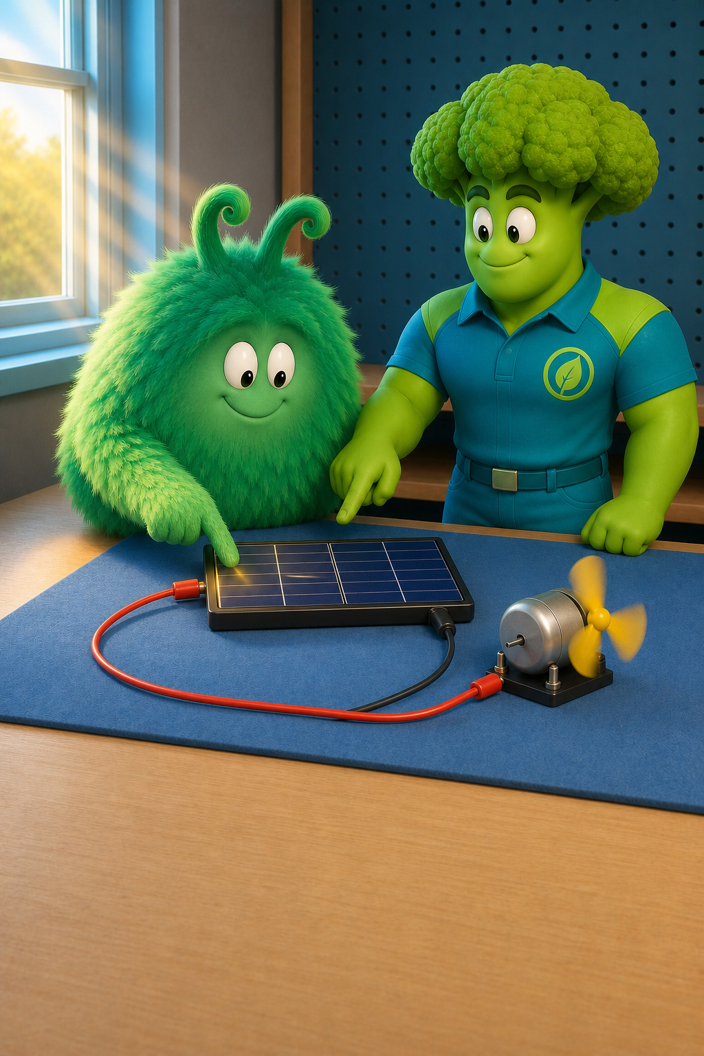 Vern traces the complete solar-panel circuit while Broccoli Man points to the panel's cell pattern and sunlight rays