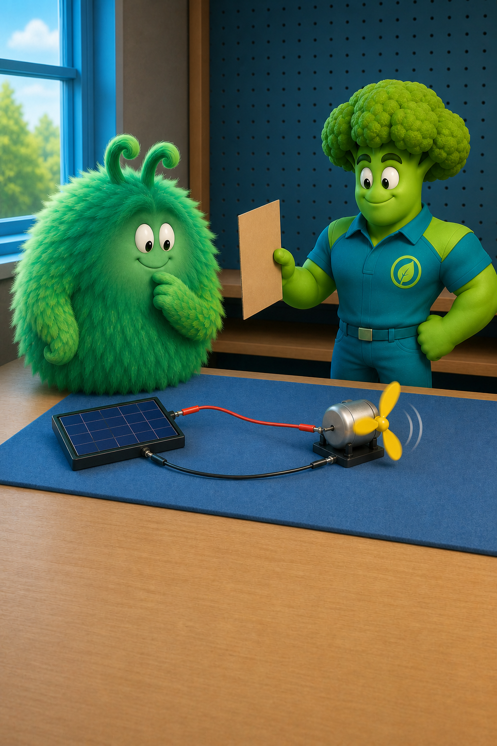 Vern and Broccoli Man observe a safe low-voltage solar panel and motor activity while a card shades the panel