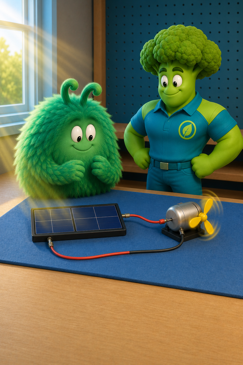 Vern and Broccoli Man smile beside a complete solar-panel circuit with sunlight rays and a spinning yellow motor fan