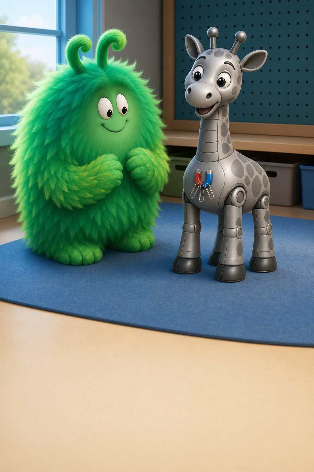 Vern and Robot Giraffe smile in a cozy science corner with paper clips on the magnet in Robot Giraffe's chest