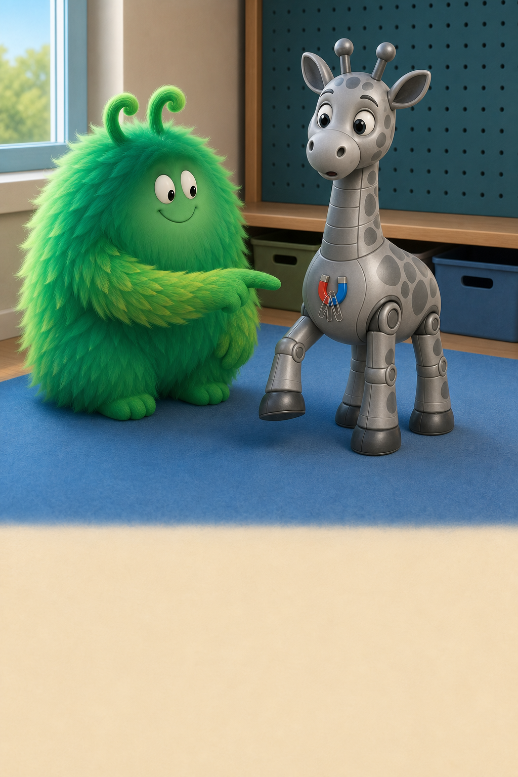 Vern points at steel paper clips attached to the magnet in Robot Giraffe's chest