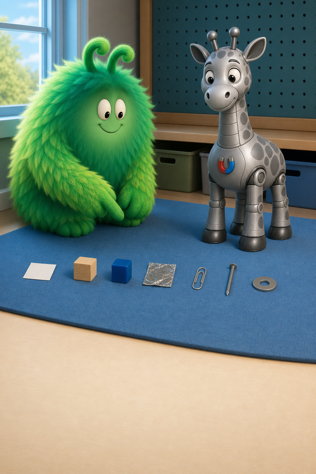 Vern and Robot Giraffe look over a tray of separated test objects