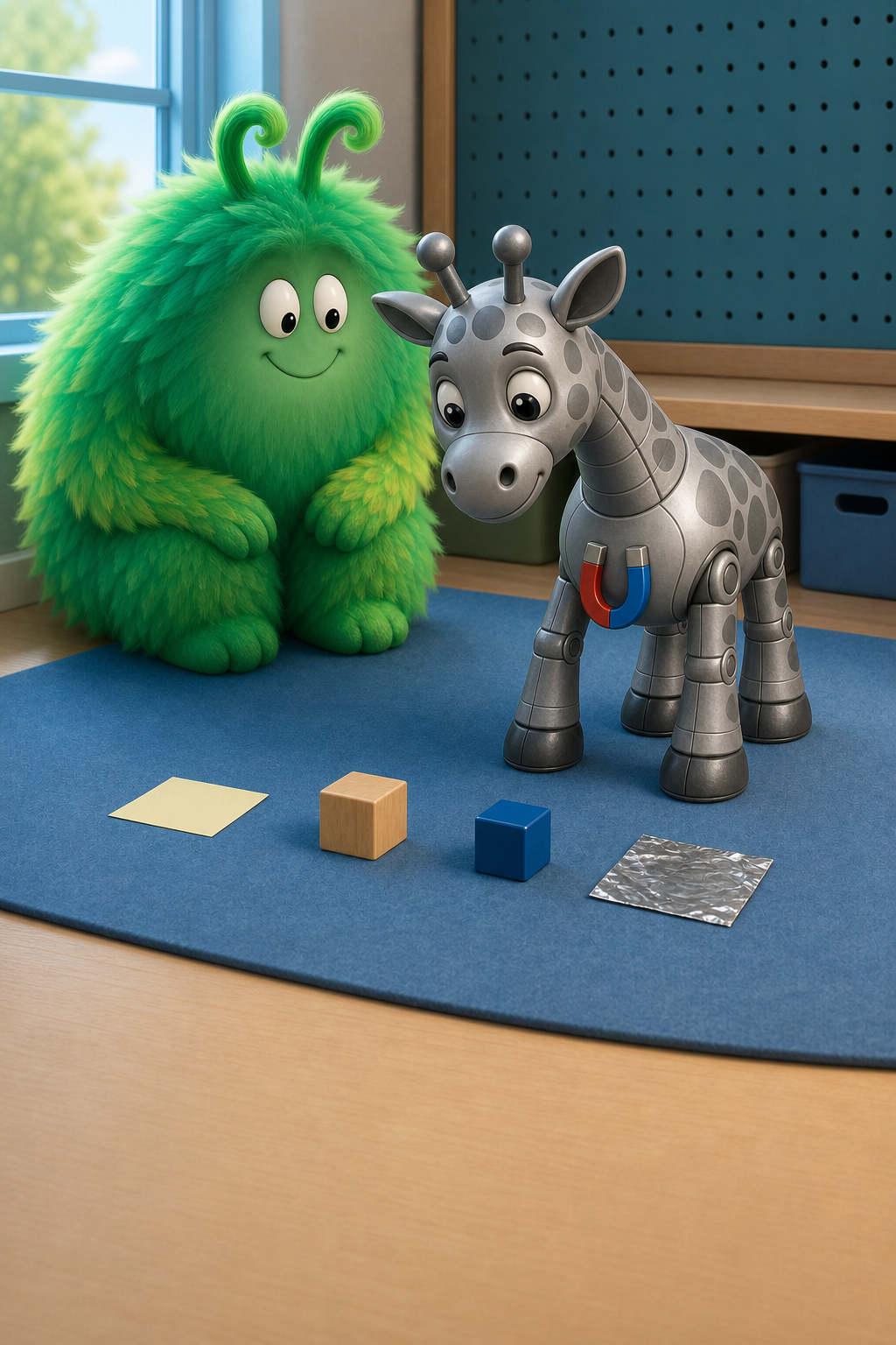 Paper, wood, plastic, and aluminum foil remain separate near Robot Giraffe's magnet