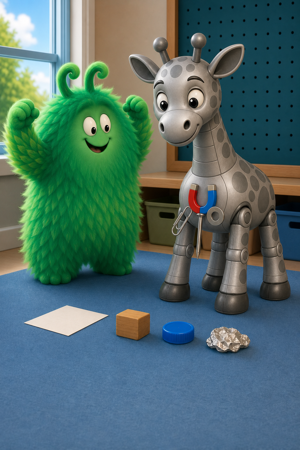 A steel paper clip, iron nail, and steel washer touch the horseshoe magnet in Robot Giraffe's chest