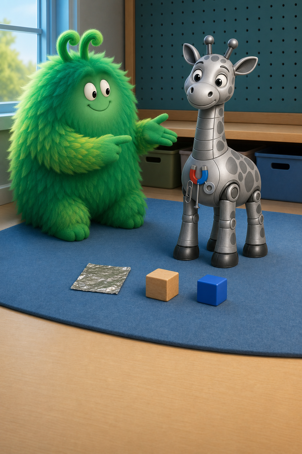 Magnetic steel objects hang from Robot Giraffe's magnet while aluminum foil, wood, and plastic remain separate