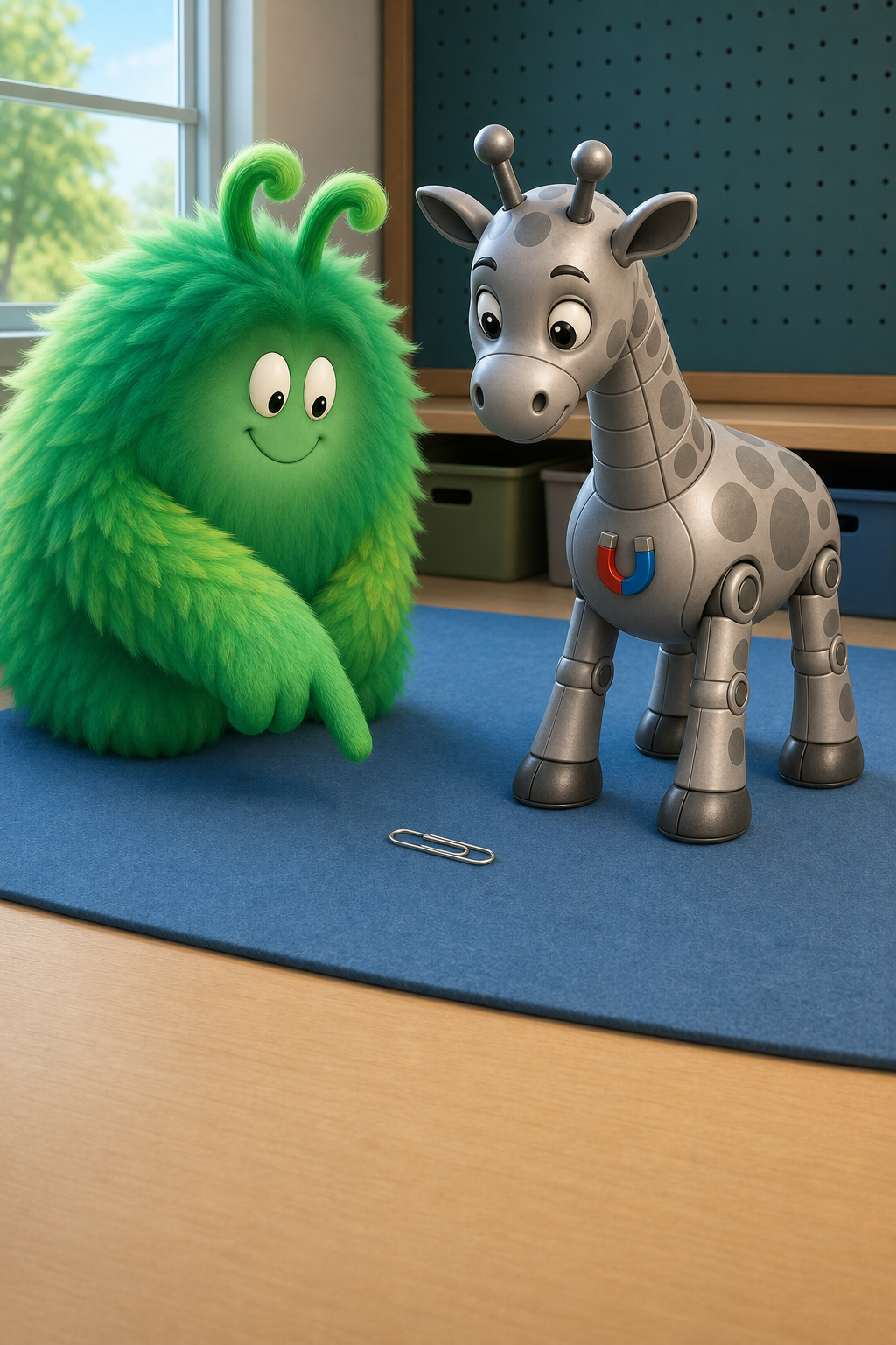 A steel paper clip rests on the mat with a clear gap between it and Robot Giraffe's chest magnet