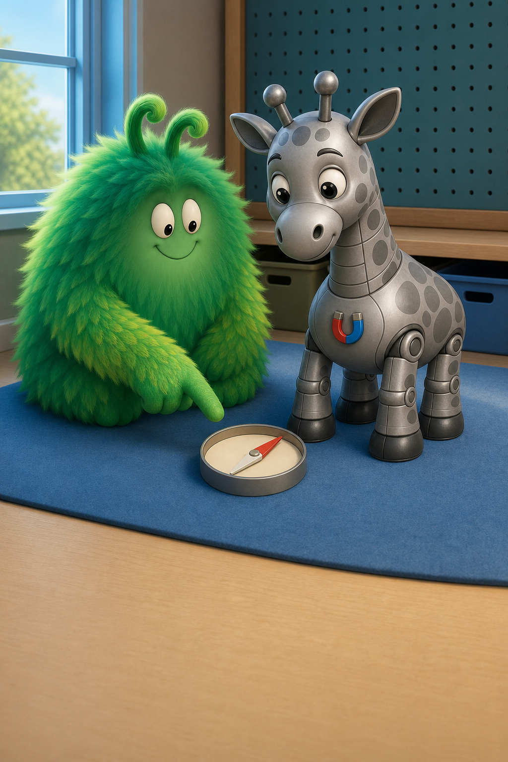 Vern points to a turned compass needle beside Robot Giraffe's chest magnet