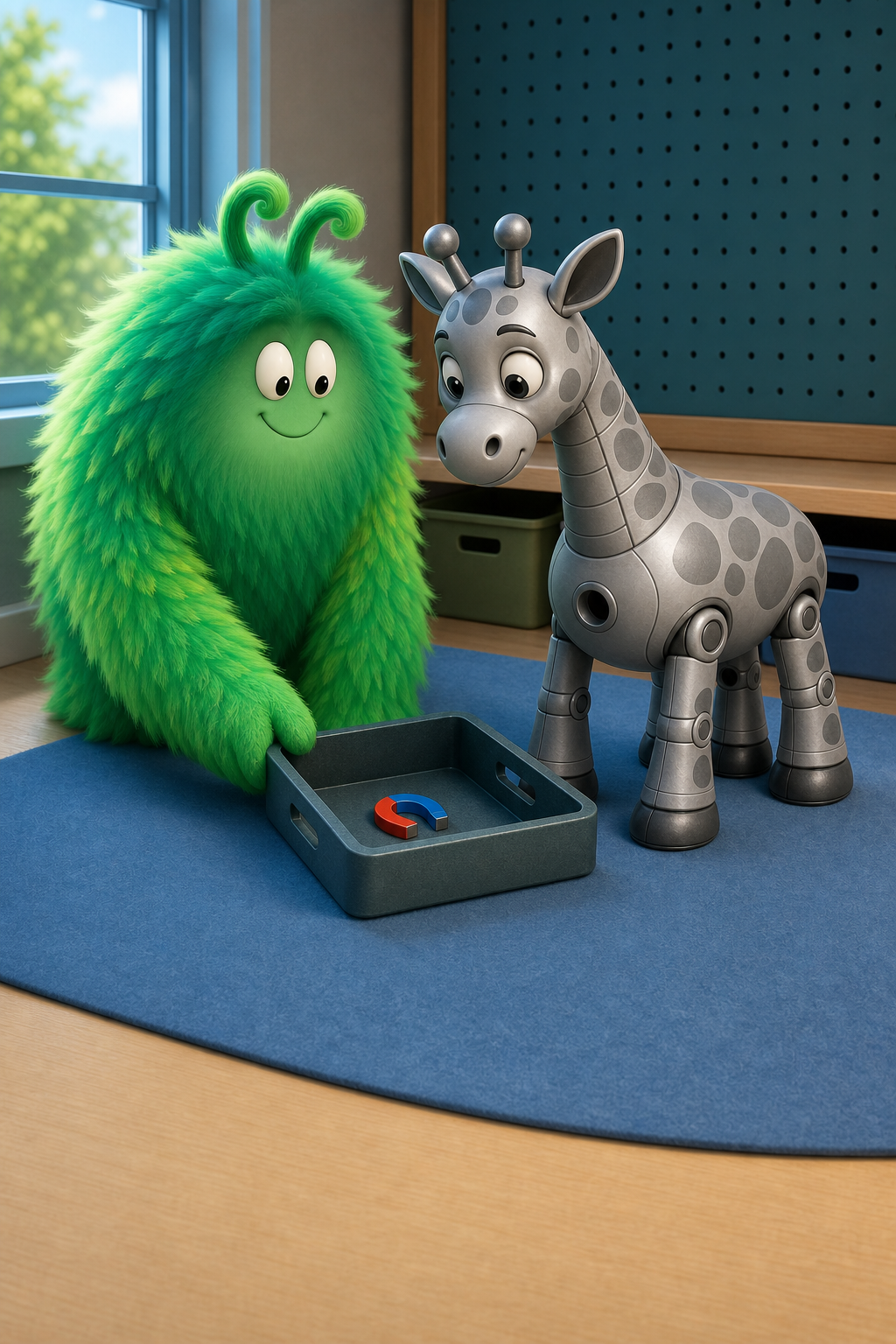 Vern steadies a tray holding the horseshoe magnet while Robot Giraffe stands with an empty chest tool port