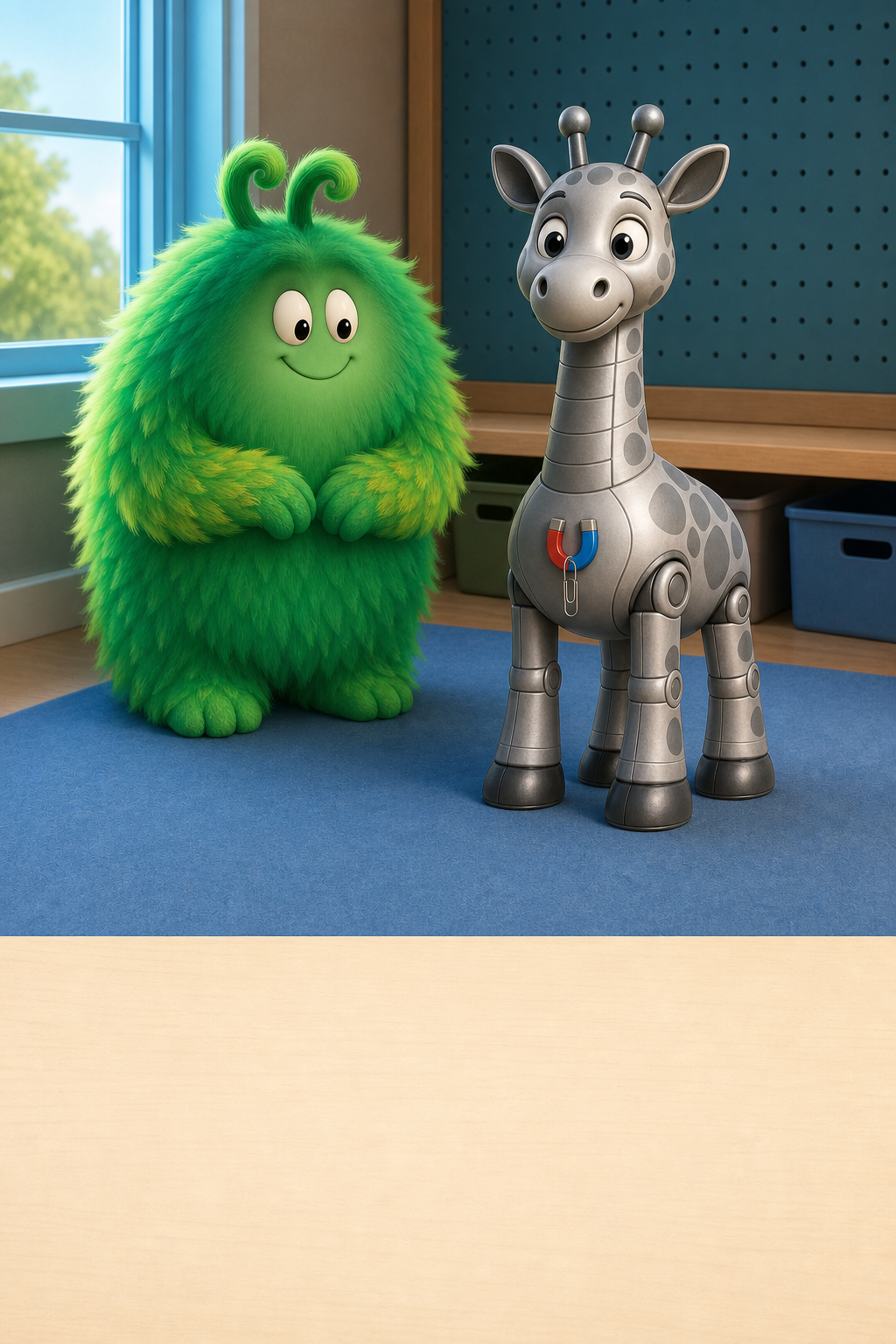 Vern and Robot Giraffe smile beside the tidy mat with a paper clip at the reseated magnet