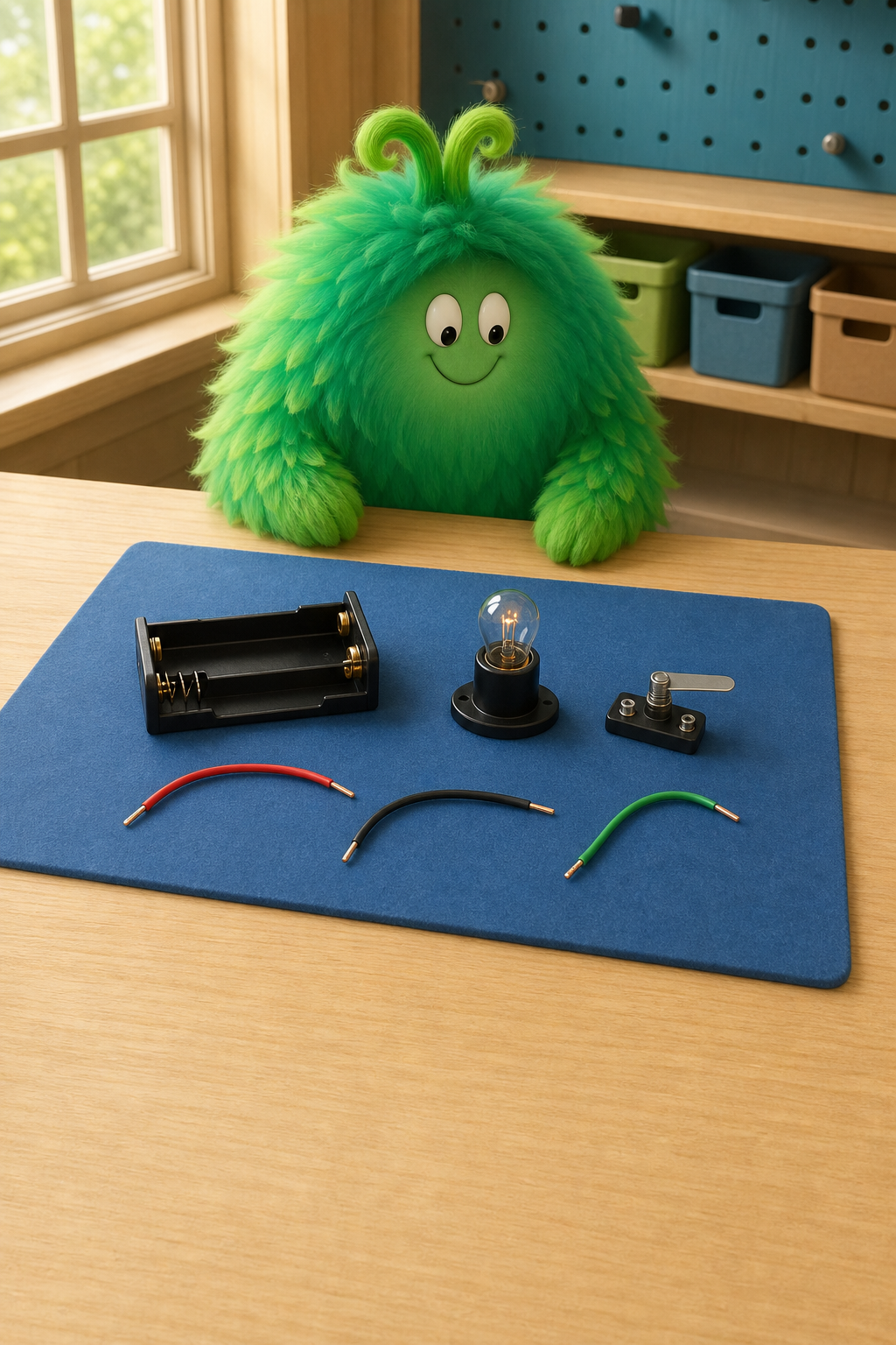 Vern beside a small electronics kit on a blue mat, with a glowing lamp