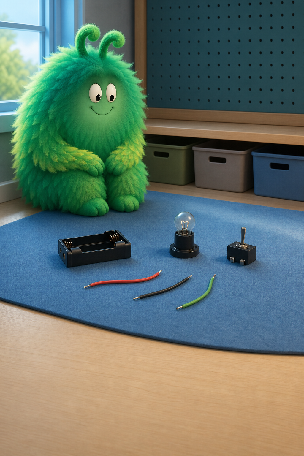 Vern in a cozy reading nook with the circuit parts arranged nearby