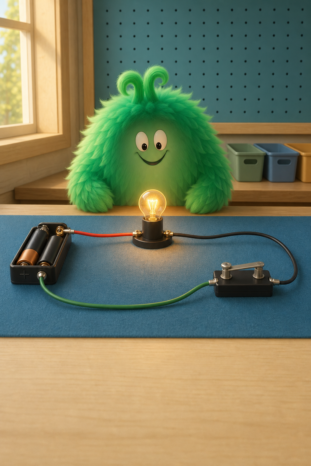 Vern looking at a complete connected loop with a glowing lamp