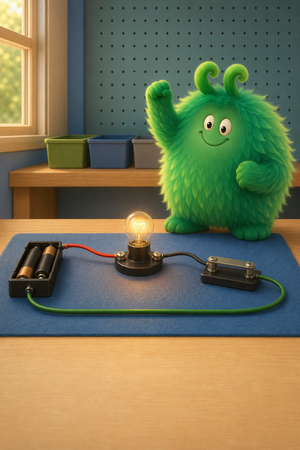 Vern closing the switch as the lamp glows in the connected circuit