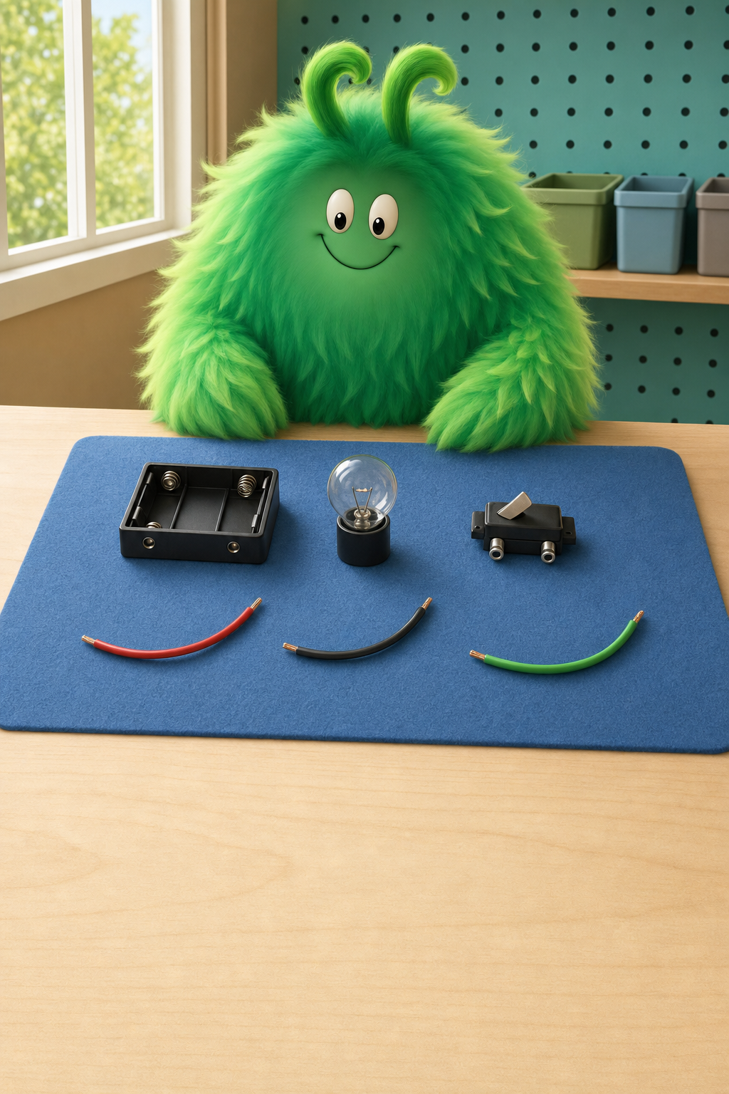 Vern with an unlit glass bulb, battery holder, switch, and loose colored leads