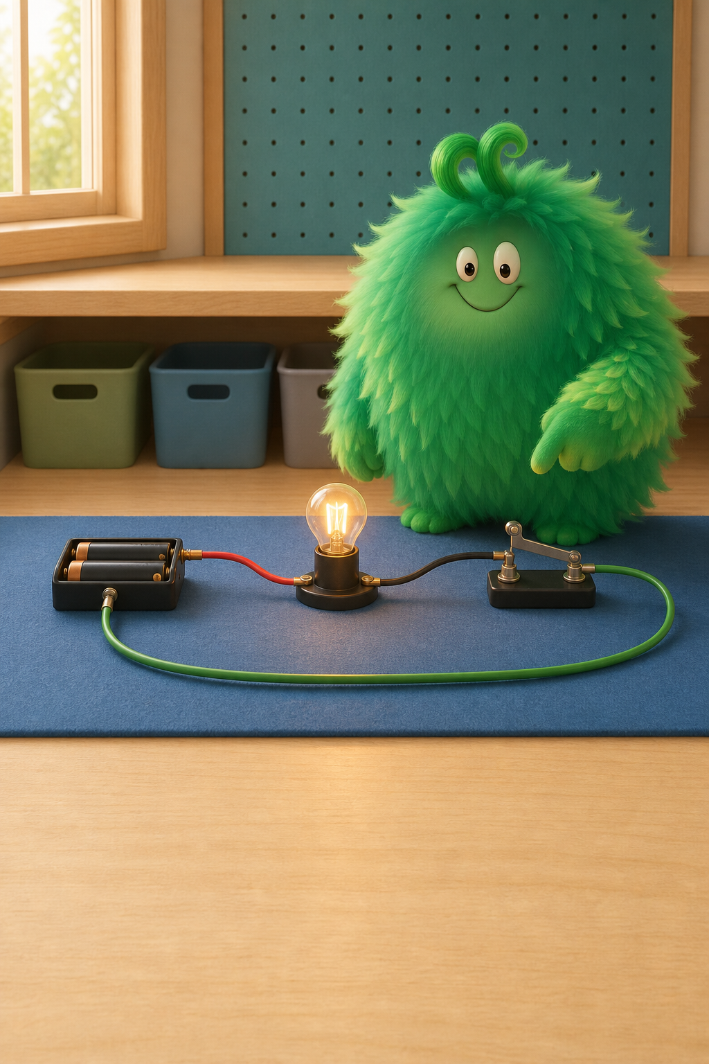 Vern beside the completed circuit with the lamp glowing brightly